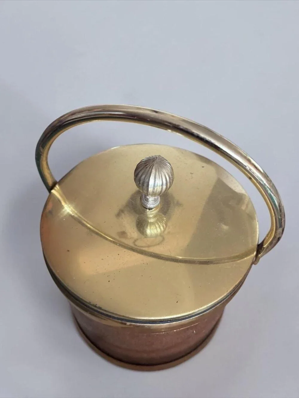 Vintage 1960s 70s Brown Faux Leather Ice Bucket Brass Tone Barware MCM